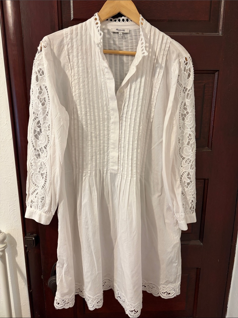 Madewell White Cotton Pintuck Tunic with Lace Sleeves